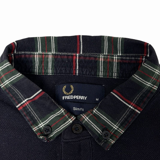 00’s Fred Perry Polo Shirt Men’s Medium Navy Blue Tartan Trim Slim Fit