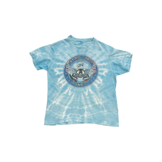 90's Vintage Aerosmith T-Shirt Men's Small Blue Tie-Dye Single Stitch Aero-Force One