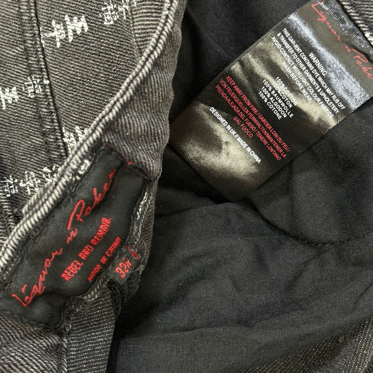Liquor & Poker Text Print Jeans Men’s 32w 31l Black Denim Straight Leg