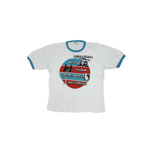 Vintage Latin America T-Shirt Mens Small White And Blue Ringer 80’s