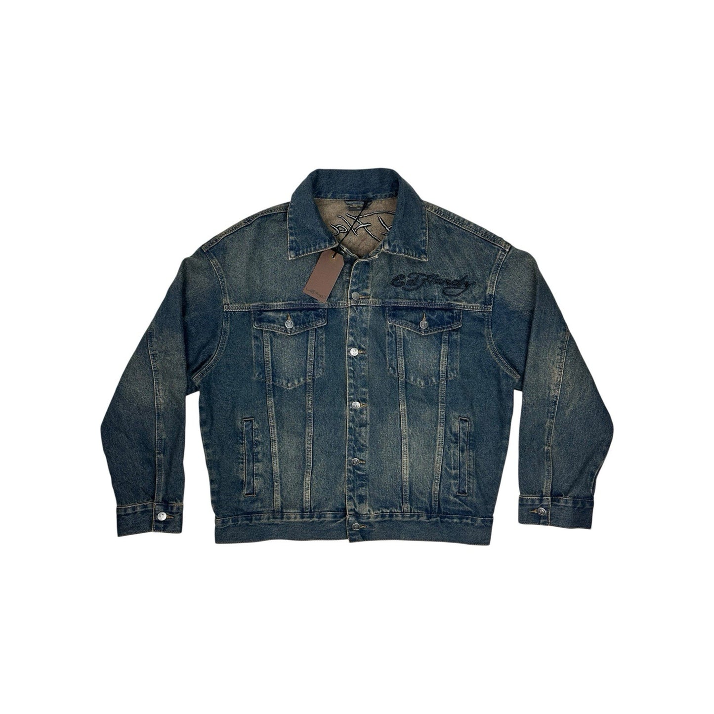 NWT Ed hardy Denim Jacket Men’s Medium Embroidered United Dreams Oversized Blue