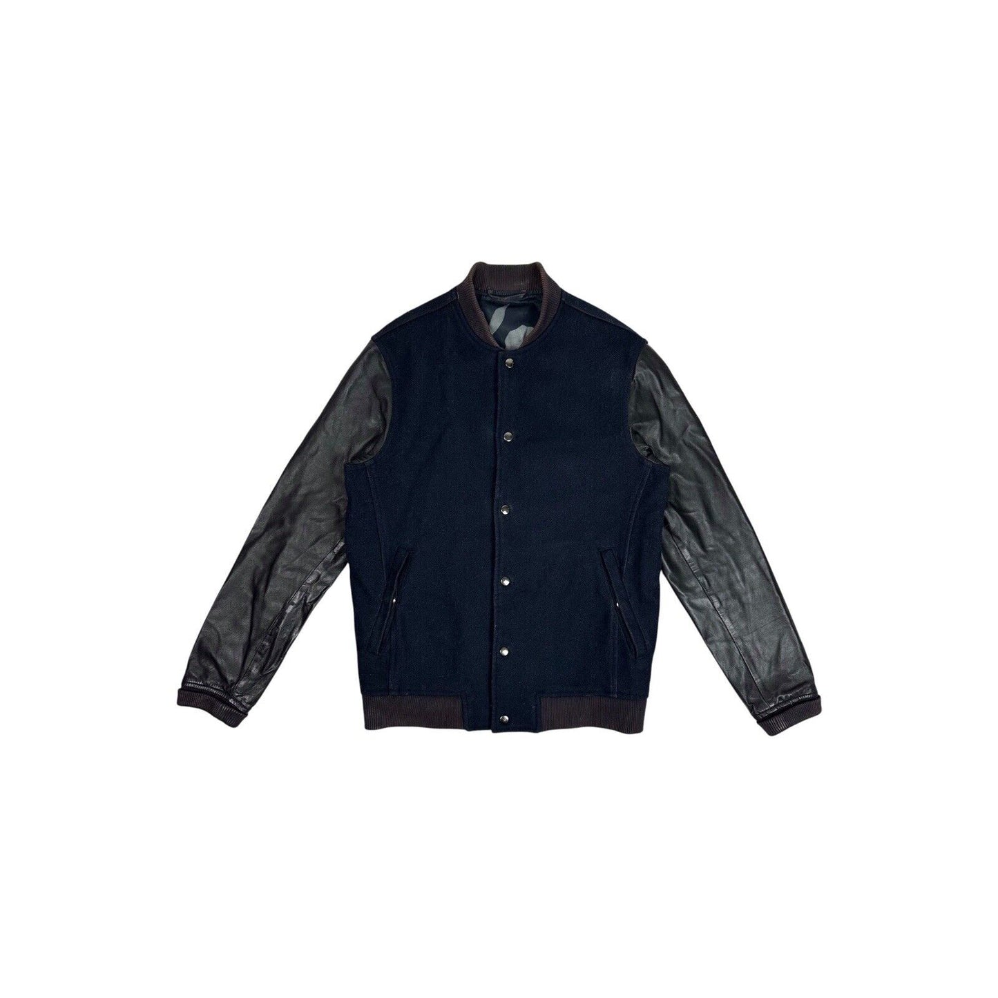 Vintage Maharishi Bomber Jacket Black Leather And Navy Wool Men’s Medium