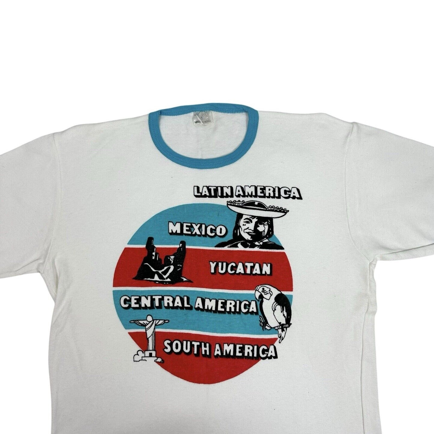 Vintage Latin America T-Shirt Mens Small White And Blue Ringer 80’s