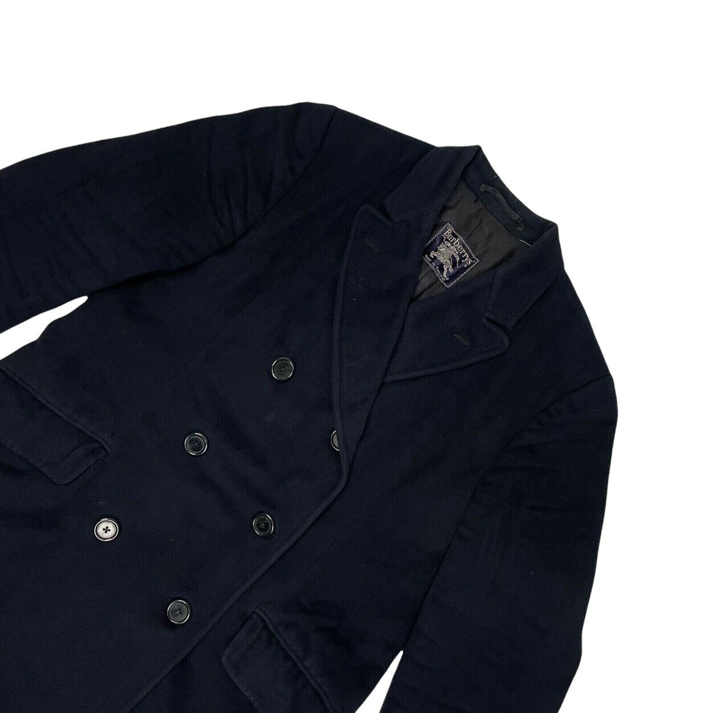 Vintage Burberry Double Breasted Coat Medium Made In England Navy Blue Wool