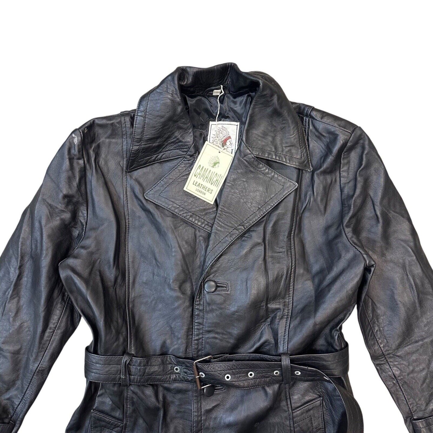 Vintage Camanchi Leather Trench Coat Black Unisex Large Made In UK Deadstock NWT