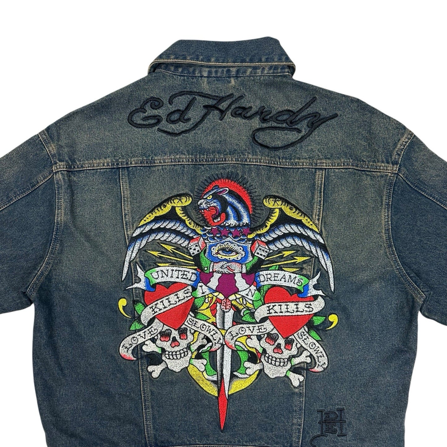 NWT Ed hardy Denim Jacket Men’s Medium Embroidered United Dreams Oversized Blue