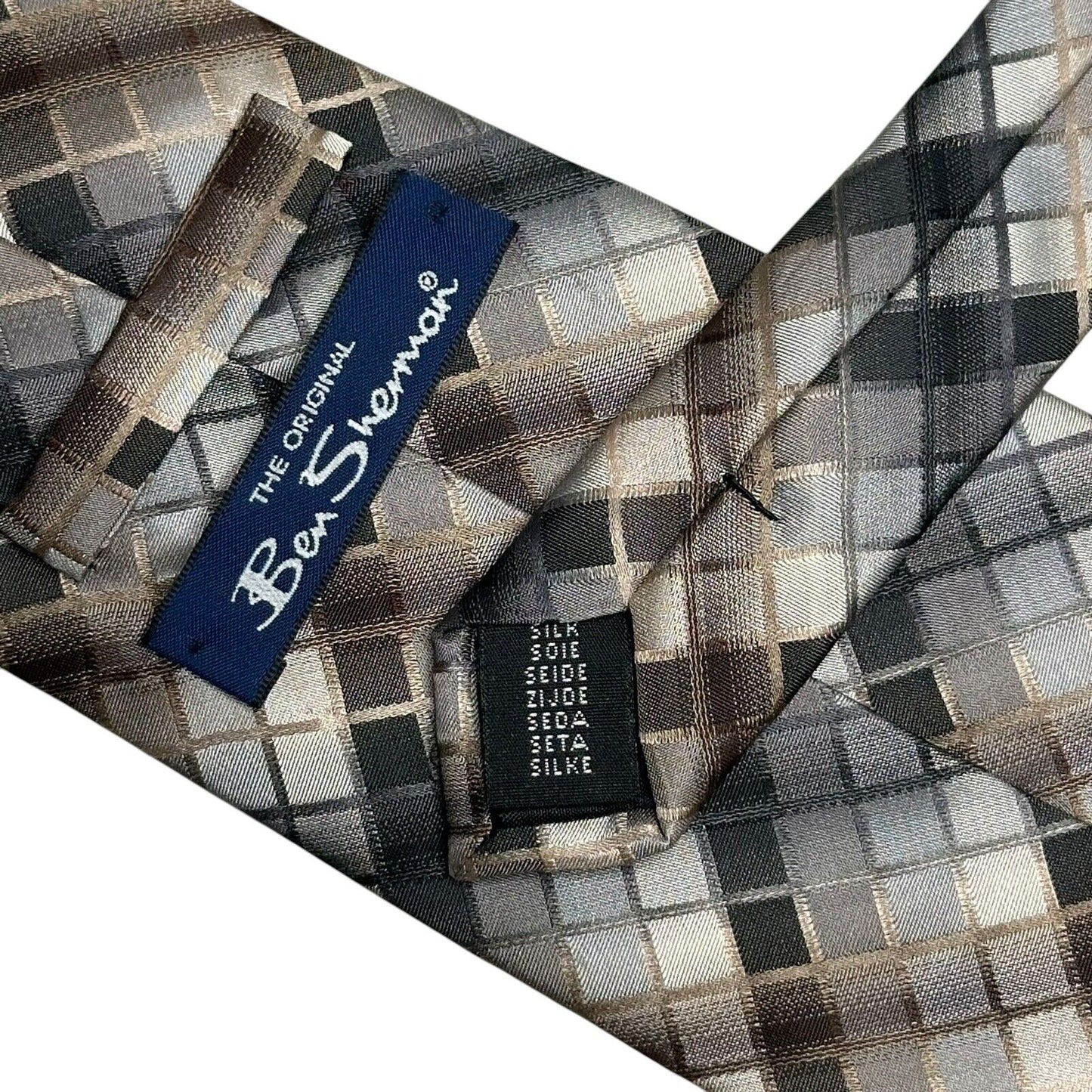 Vintage Ben Sherman Square Pattern Silk Tie Beige, Brown And Black