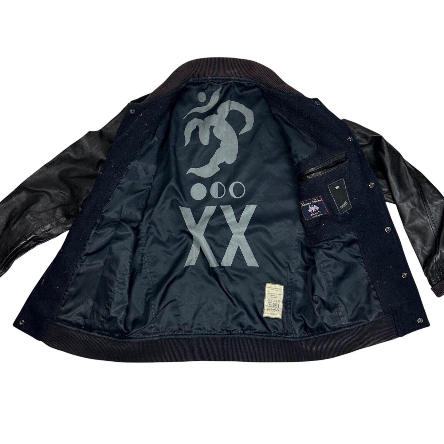 Vintage Maharishi Bomber Jacket Black Leather And Navy Wool Men’s Medium