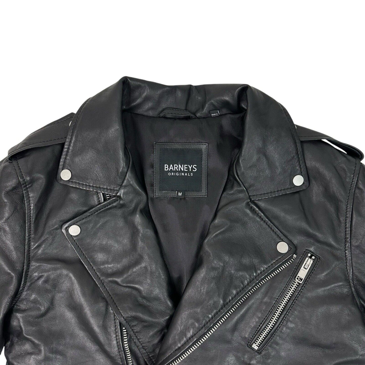 Barneys Originals Leather Biker Jacket Black Mens Medium