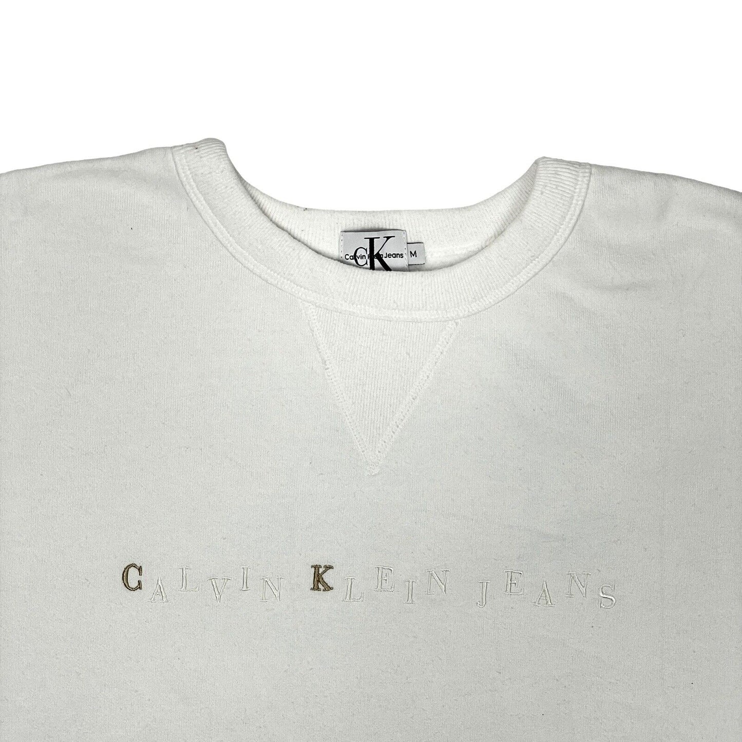 Vintage Calvin Klein White Crew Neck Jumper Embroidered Mens Medium Made In USA