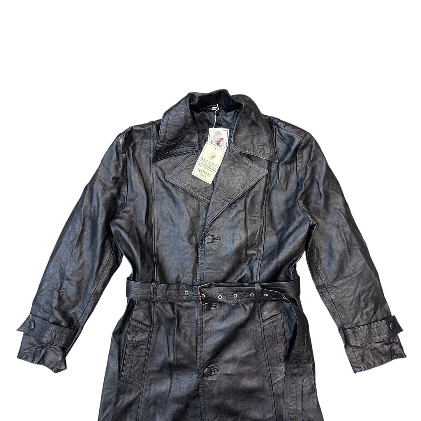 Vintage Camanchi Leather Trench Coat Black Unisex Large Made In UK Deadstock NWT