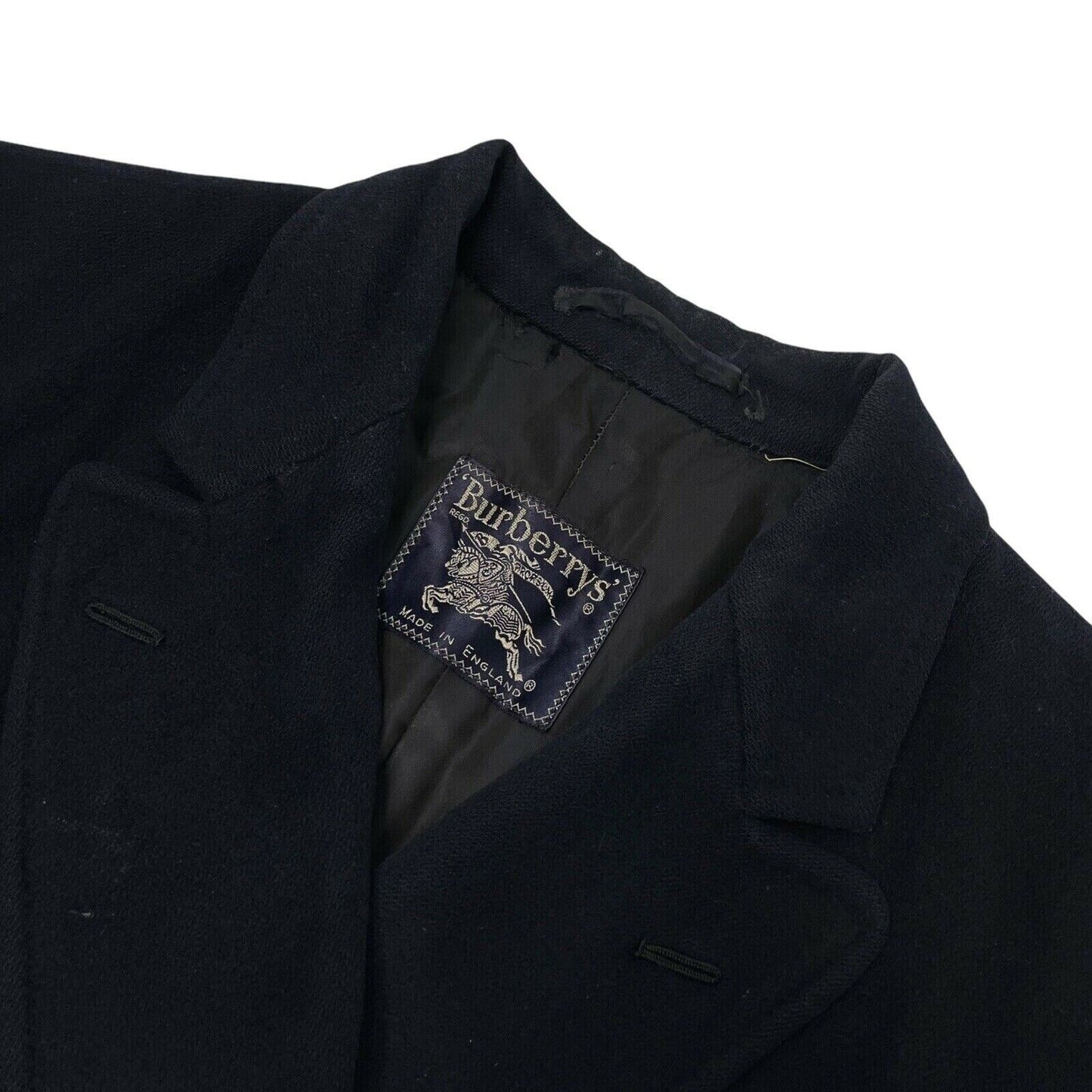 Vintage Burberry Double Breasted Coat Medium Made In England Navy Blue Wool