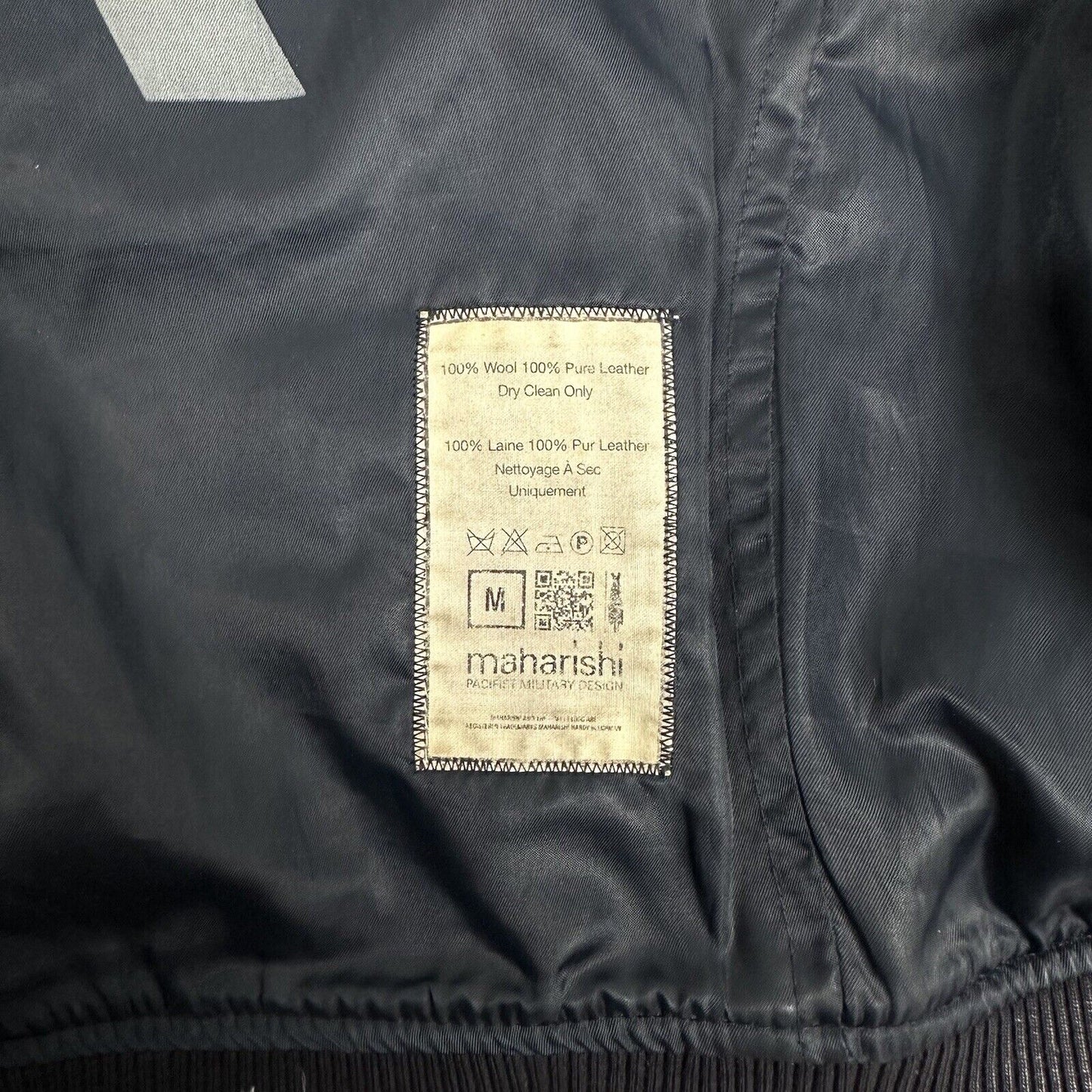 Vintage Maharishi Bomber Jacket Black Leather And Navy Wool Men’s Medium