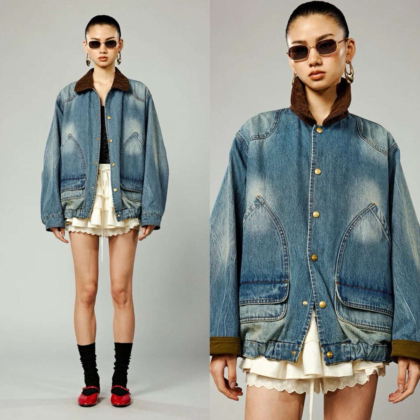 UOOYAA Reversible Oversized Jacket Medium Denim And Khaki Green