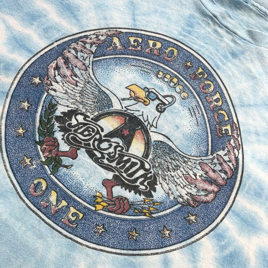 90's Vintage Aerosmith T-Shirt Men's Small Blue Tie-Dye Single Stitch Aero-Force One