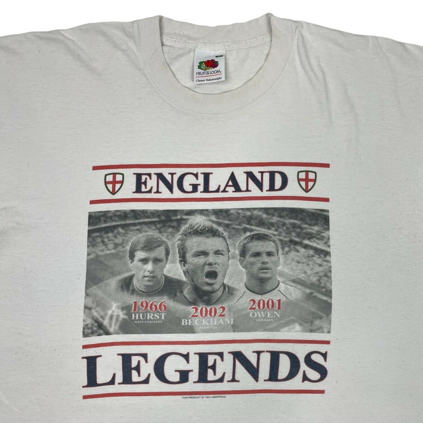 00’s England Football T-Shirt Mens XL White Fruit Of The Loom Beckham, Owen
