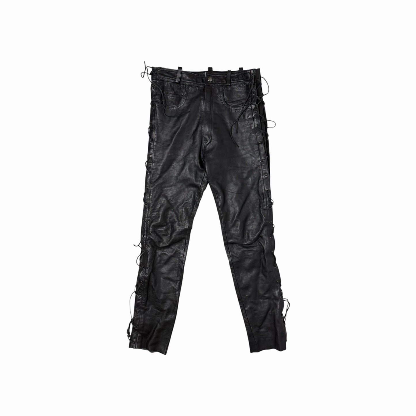 Vintage Leather Biker Trousers Black Unisex 28w 30l Lace Up Pants
