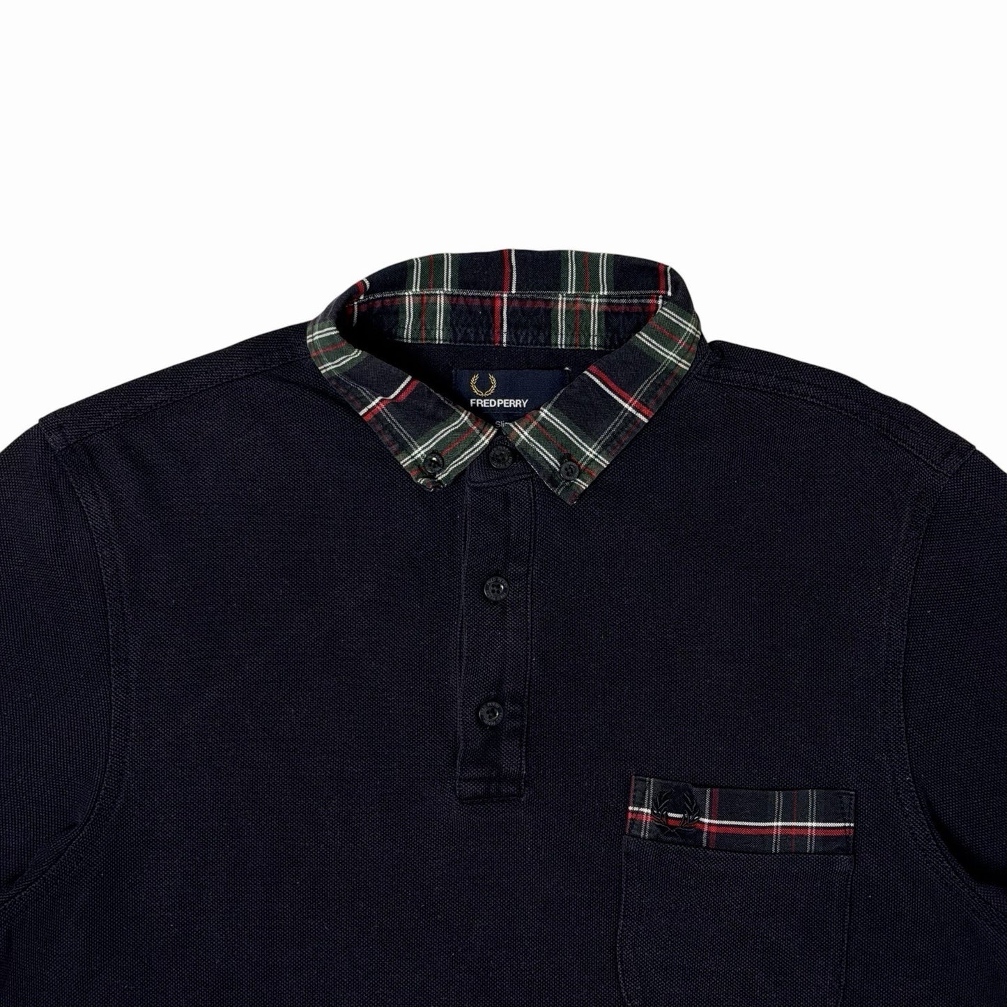 00’s Fred Perry Polo Shirt Men’s Medium Navy Blue Tartan Trim Slim Fit