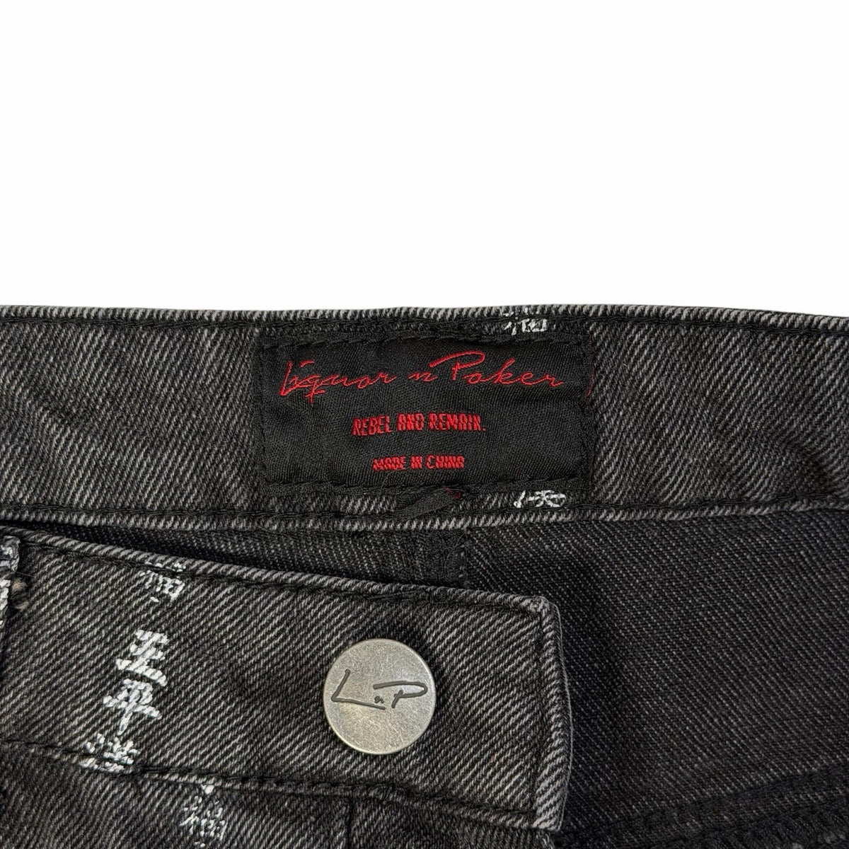 Liquor & Poker Text Print Jeans Men’s 32w 31l Black Denim Straight Leg