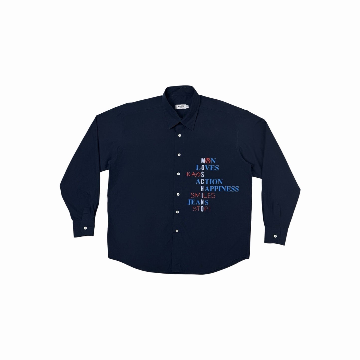 Vintage Moschino Logo Shirt Men’s XL Navy Blue Made In Italy Long Sleeve