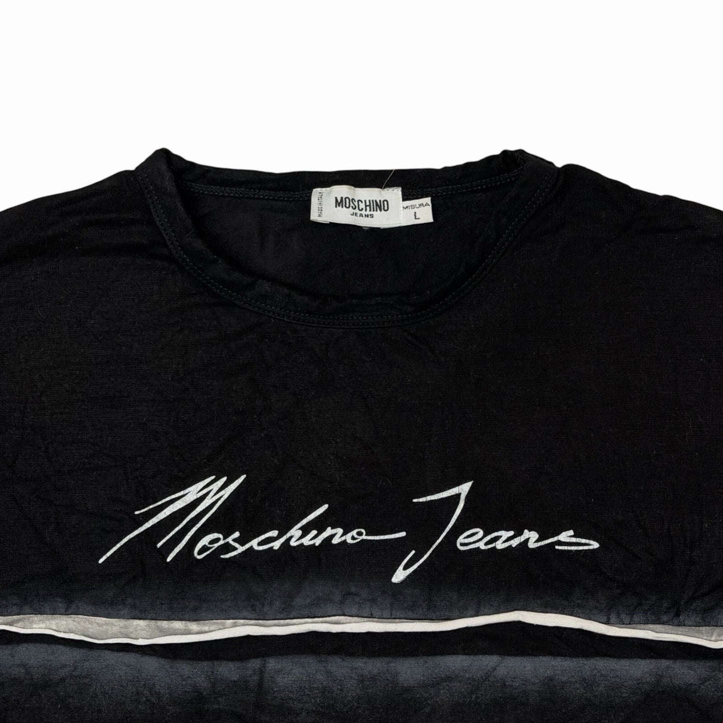 Vintage Moschino Script Logo T-Shirt Men’s Large Black Made In Italy Slim Fit