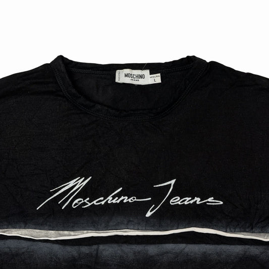 Vintage Moschino Script Logo T-Shirt Men’s Large Black Made In Italy Slim Fit