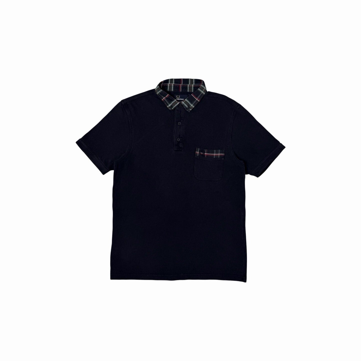 00’s Fred Perry Polo Shirt Men’s Medium Navy Blue Tartan Trim Slim Fit
