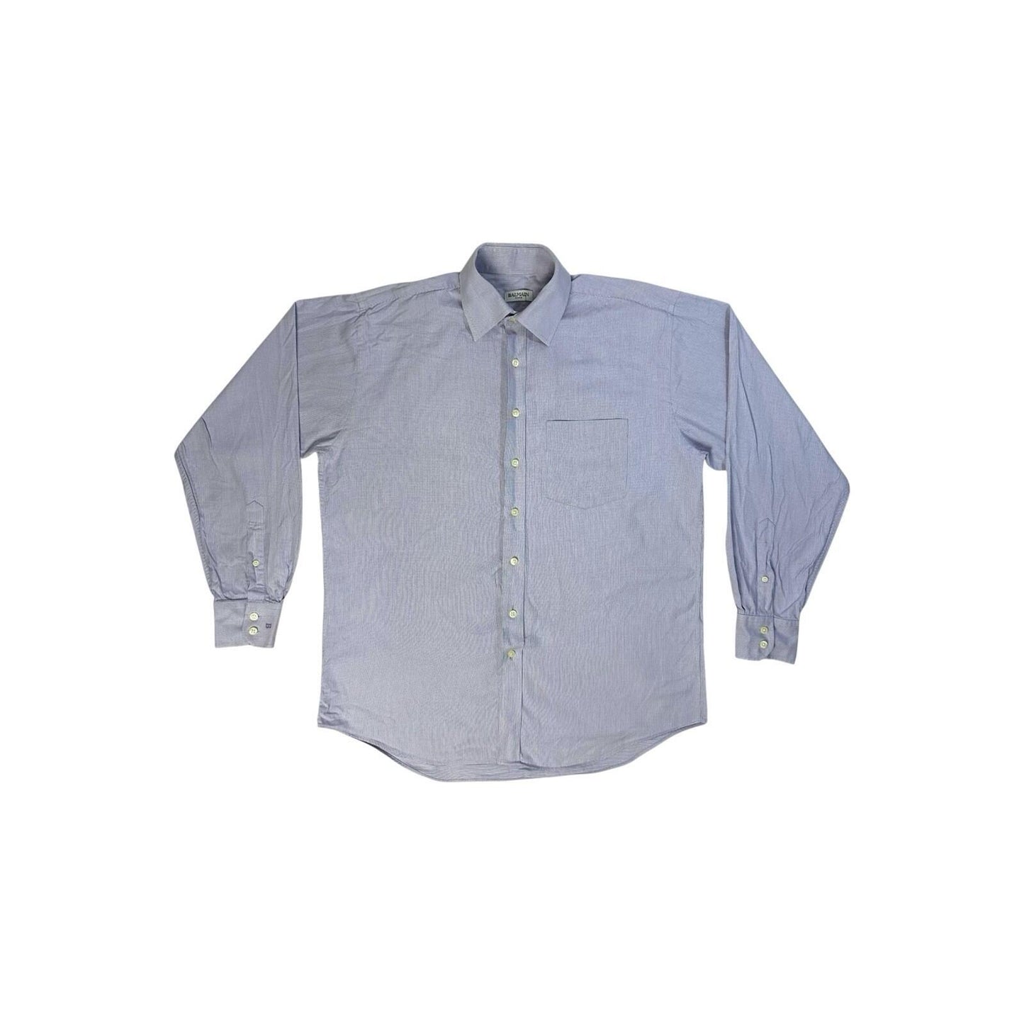 Vintage Balmain Shirt Blue Check Men’s Large Embroidered Logo 16”