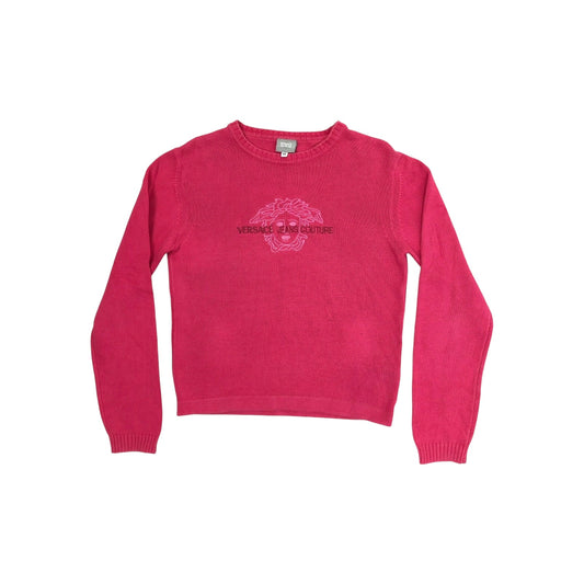 Vintage Versace Medusa Jumper Women's Medium Pink Embroidered Logo Made In Italy