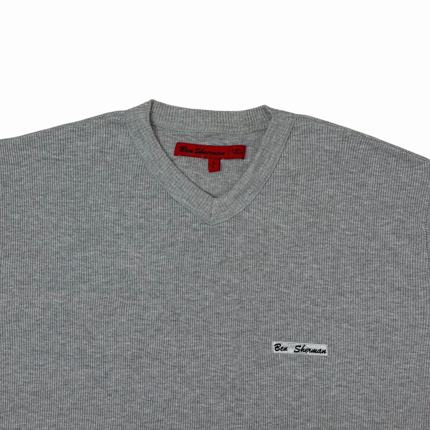 Vintage Ben Sherman Ribbed T-Shirt Men’s Large Grey V-Neck Embroidered Logo