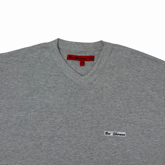 Vintage Ben Sherman Ribbed T-Shirt Men’s Large Grey V-Neck Embroidered Logo