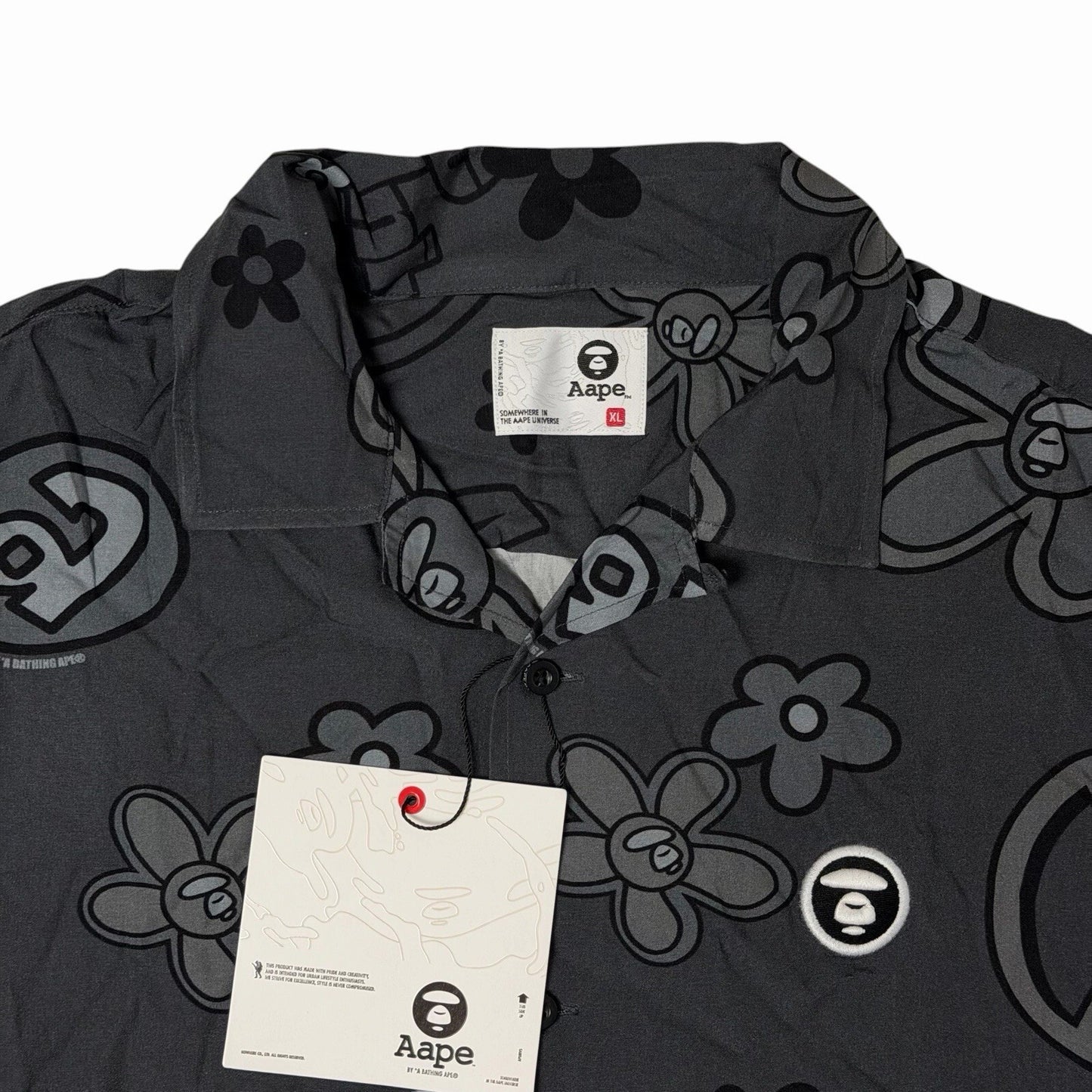 NWT AAPE A Bathing Ape Shirt Men’s XL Grey Camp Collar Short Sleeve Moonface