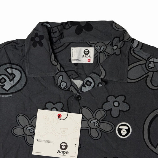 NWT AAPE A Bathing Ape Shirt Men’s XL Grey Camp Collar Short Sleeve Moonface