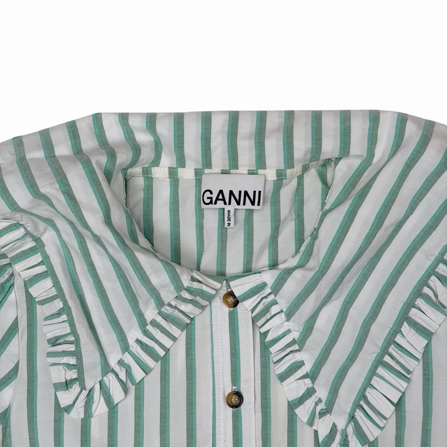 Ganni Ruffled Collar Stripe Shirt Women’s Small Green And White