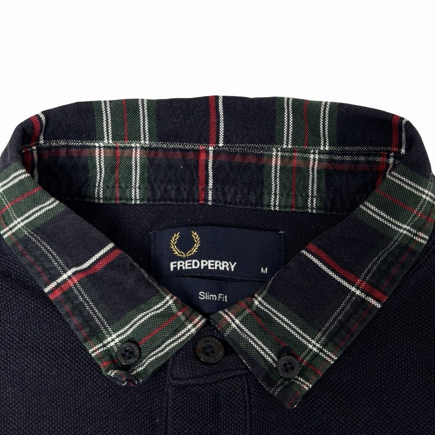 00’s Fred Perry Polo Shirt Men’s Medium Navy Blue Tartan Trim Slim Fit