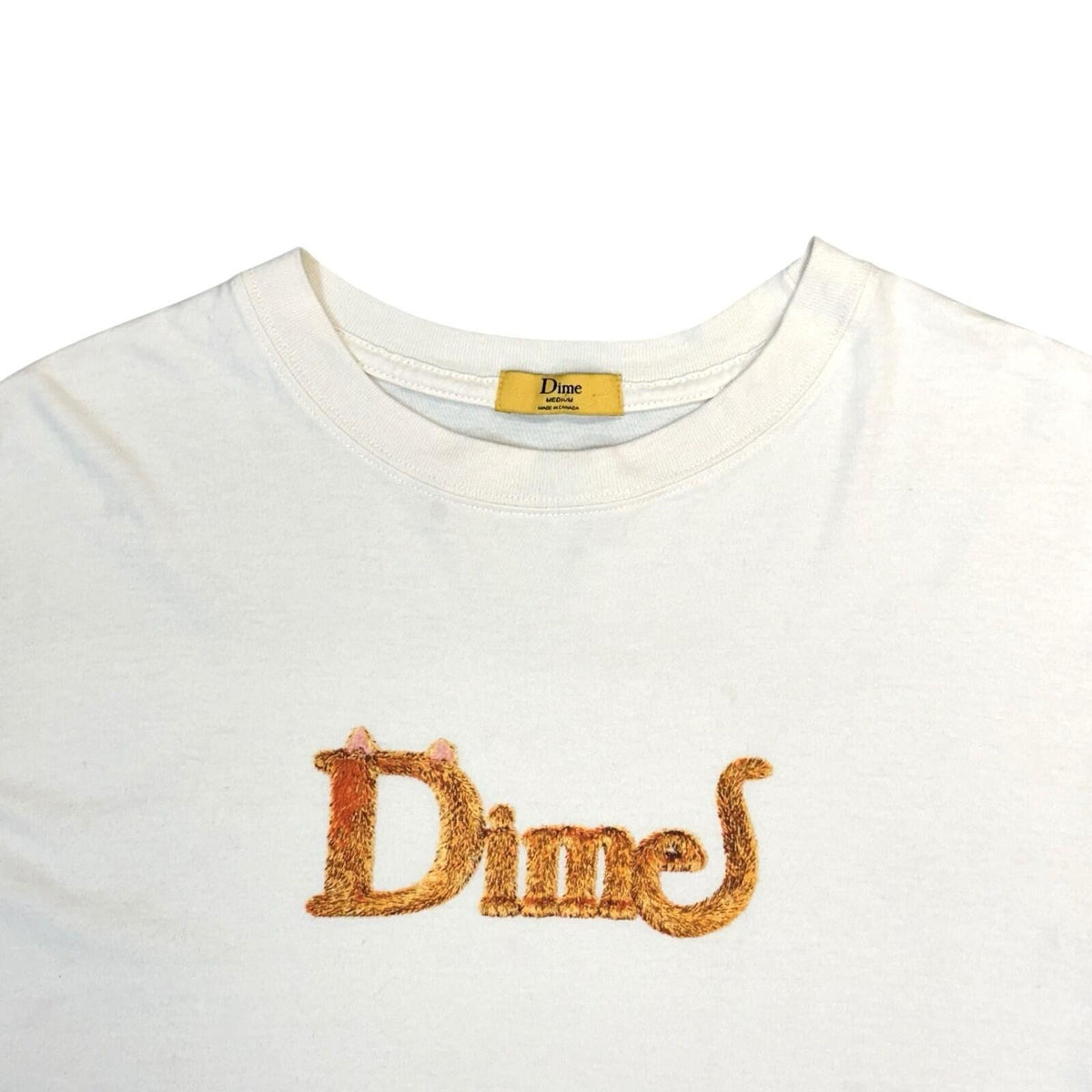 Dime Classic Cat T-Shirt Men’s Medium Cream Made In Canada Spellout Logo Print