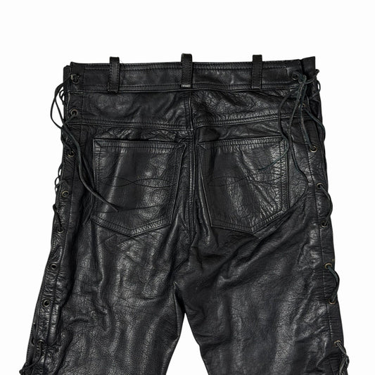Vintage Leather Biker Trousers Black Unisex 28w 30l Lace Up Pants