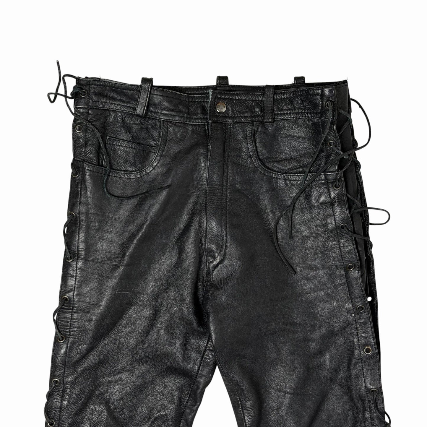 Vintage Leather Biker Trousers Black Unisex 28w 30l Lace Up Pants
