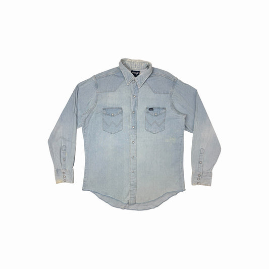 Vintage Wrangler Pearl Snap Denim Shirt Men’s Large Light Blue Denim Made In USA