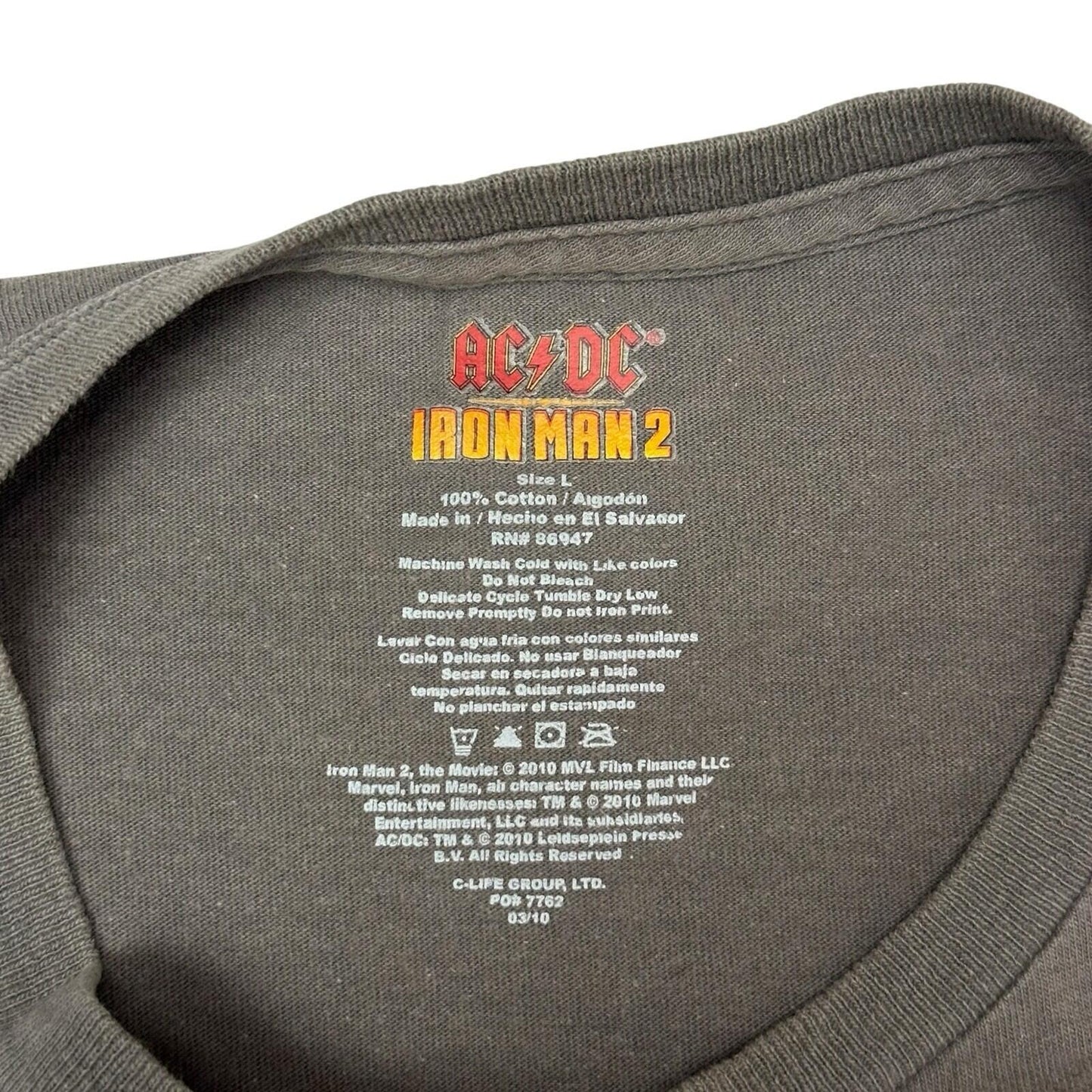 2010 Iron Man 2 AC/DC T-Shirt Men’s Large Grey Marvel Graphic Print