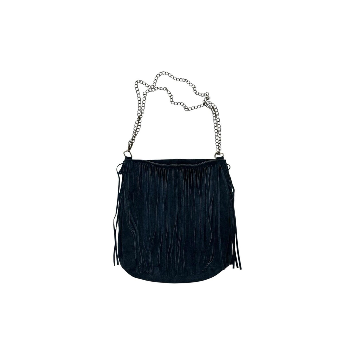 Brampton London Fringe Boho Shoulder Bag Navy Blue Suede Medium Tassel