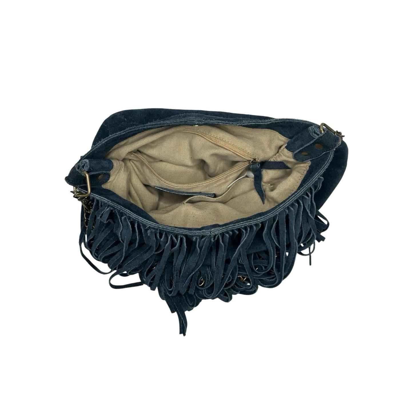 Brampton London Fringe Boho Shoulder Bag Navy Blue Suede Medium Tassel