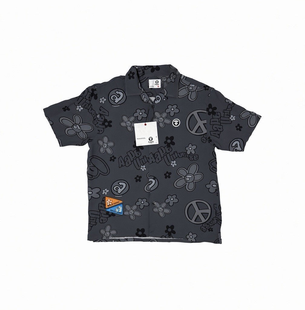 NWT AAPE A Bathing Ape Shirt Men’s XL Grey Camp Collar Short Sleeve Moonface