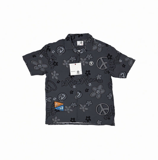 NWT AAPE A Bathing Ape Shirt Men’s XL Grey Camp Collar Short Sleeve Moonface