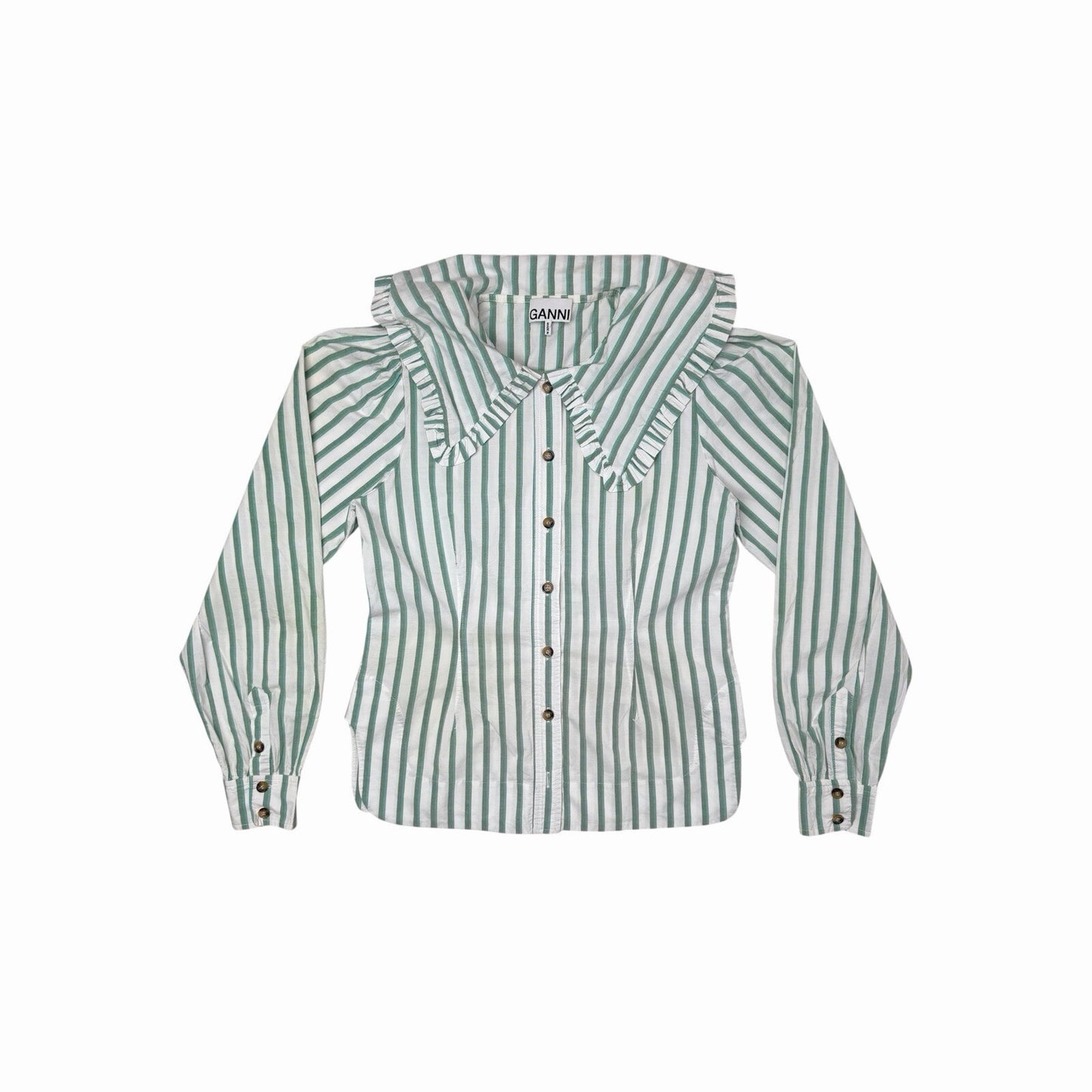 Ganni Ruffled Collar Stripe Shirt Women’s Small Green And White