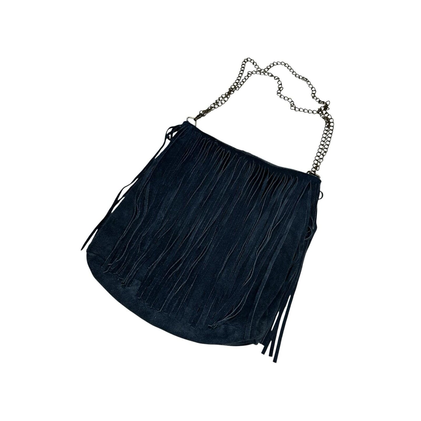 Brampton London Fringe Boho Shoulder Bag Navy Blue Suede Medium Tassel