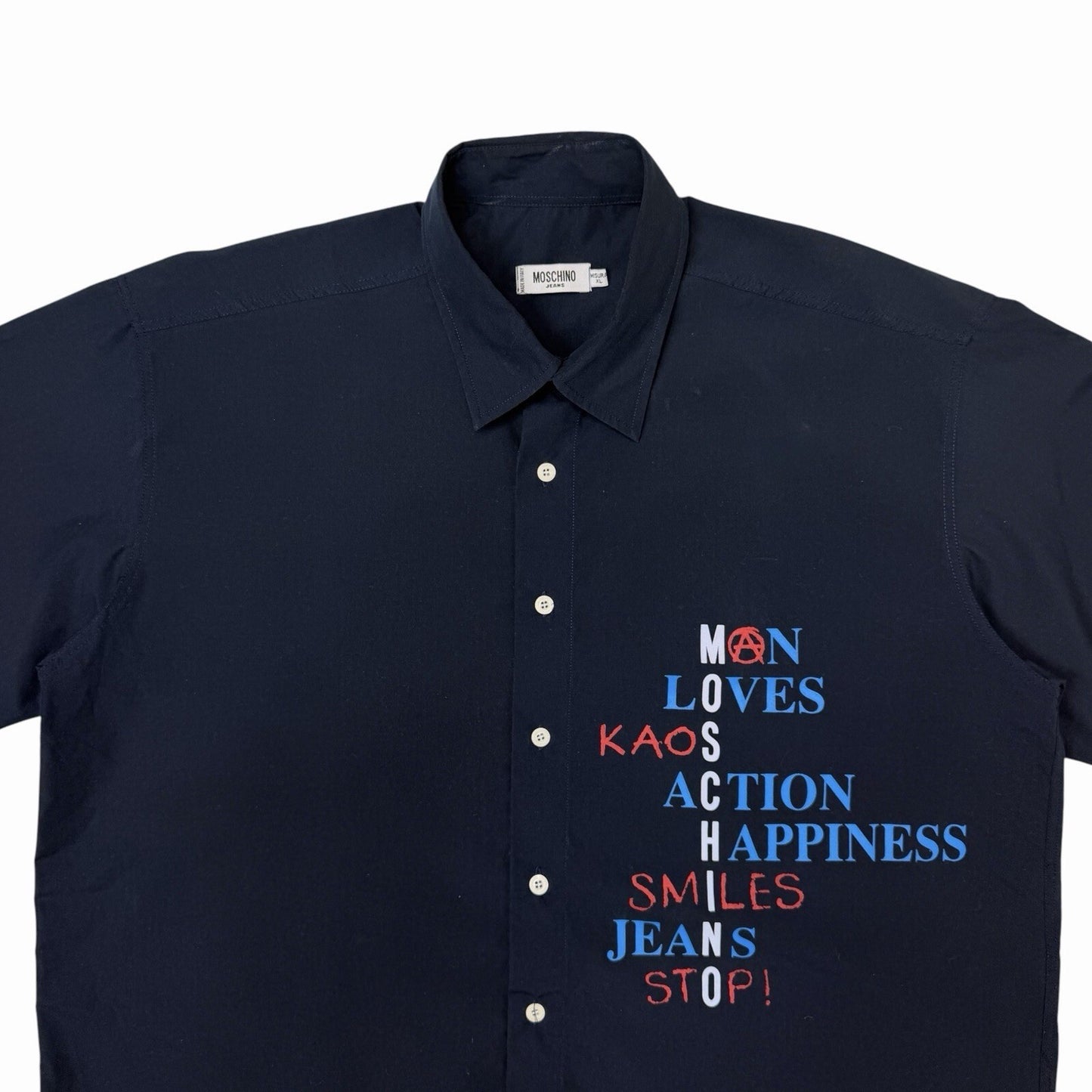 Vintage Moschino Logo Shirt Men’s XL Navy Blue Made In Italy Long Sleeve