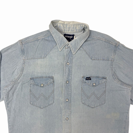Vintage Wrangler Pearl Snap Denim Shirt Men’s Large Light Blue Denim Made In USA