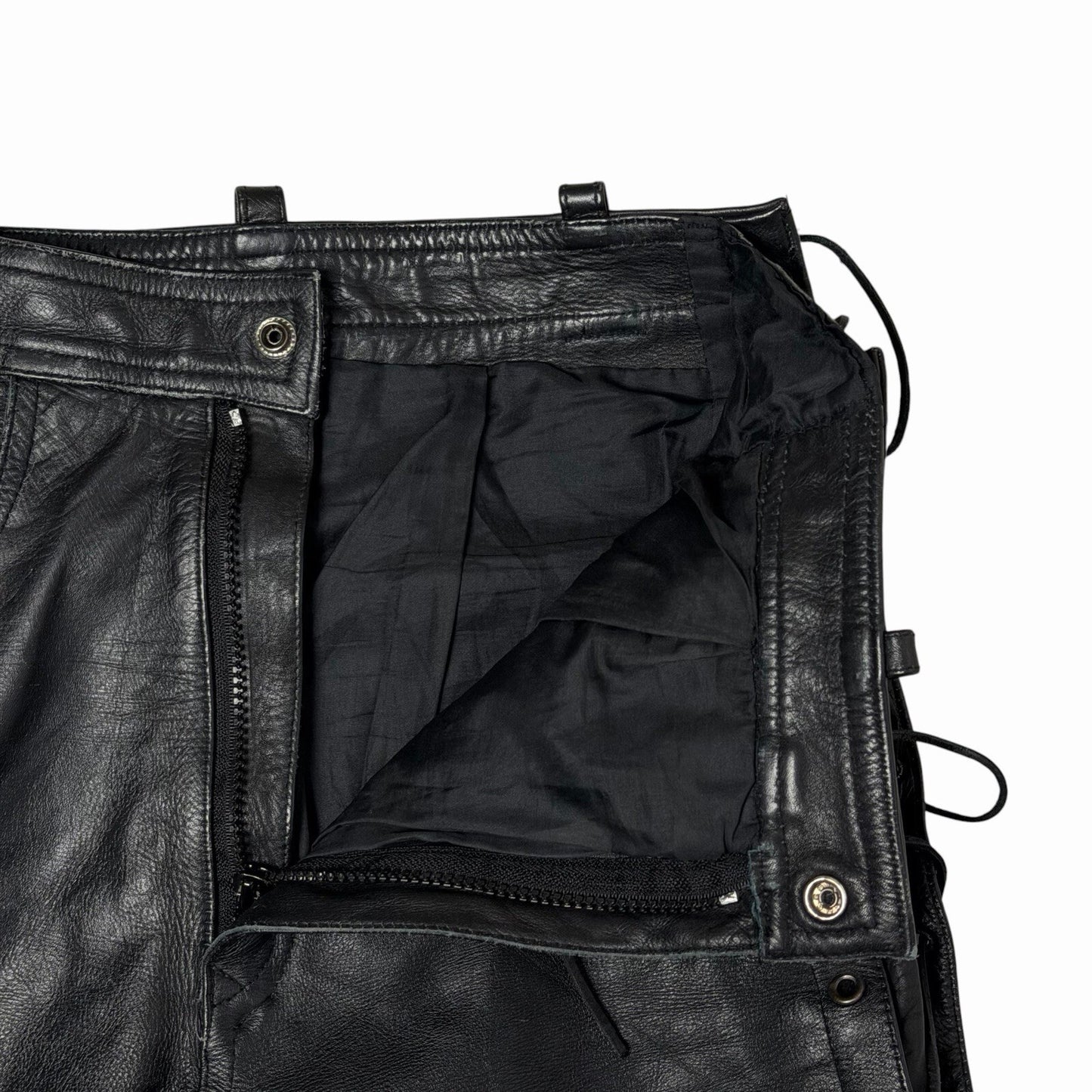 Vintage Leather Biker Trousers Black Unisex 28w 30l Lace Up Pants