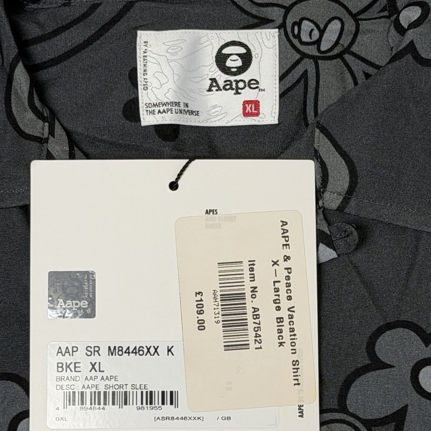 NWT AAPE A Bathing Ape Shirt Men’s XL Grey Camp Collar Short Sleeve Moonface